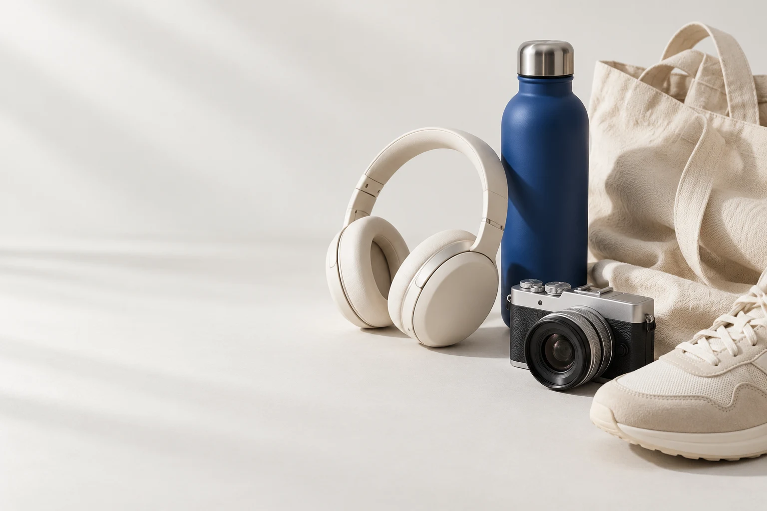Headphones, a bottle, a camera, a bag, and a sneaker
